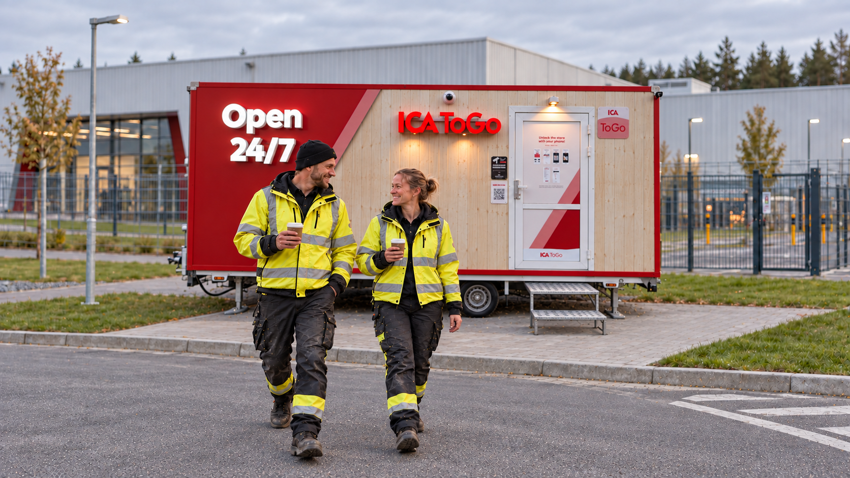 Två personer i varselkläder lämnar en obemannad ICA To Go-butik i container
